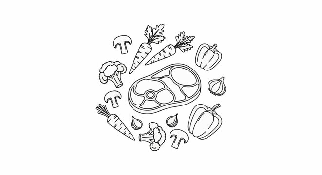 A variety of ingredients are arranged in a circular pattern around a steak