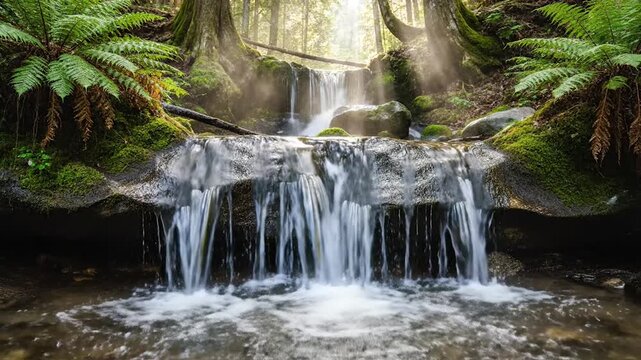 Seamless Waterfall Loop Flowing Over Rocks in Forest, Slow Motion Cascade, Continuous Nature Background, Relaxing Water Stream Scene in 4K