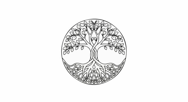 Intricate circular Celtic knot tree of life design, black on white