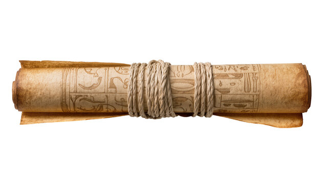 Ancient papyrus scroll with hieroglyphs tied with rope, isolated on transparent background