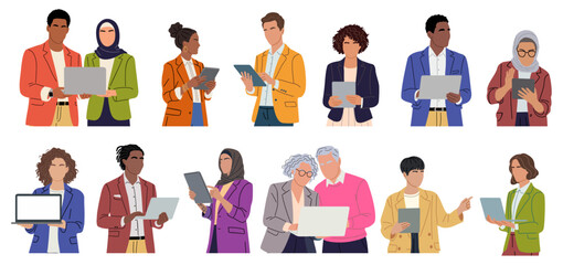 Fototapeta premium Diverse group of professionals using laptops and tablets. They all appear focused and engaged in work. Vibrant clothing adds dynamic energy to the scene. Ideal for business, education