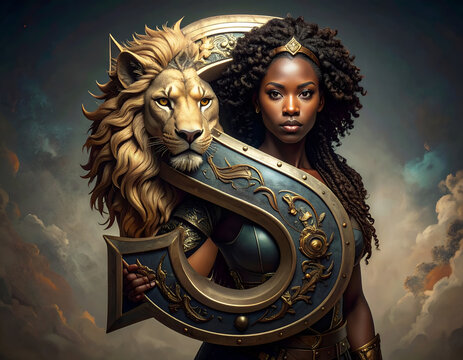 Powerful Black Woman Warrior with Lion Shield Regal Regal Warrior Woman with Majestic Lion Shield