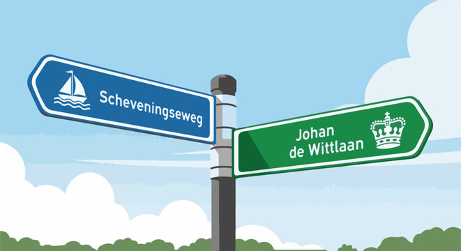 A blue and green directional street signpost against a sky with clouds and green trees