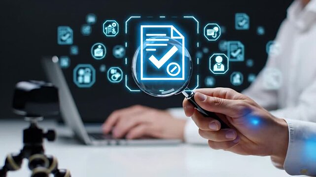 Businessman verifying digital document with AI-powered system, using a magnifying glass for compliance and quality assurance. Concept of data integrity, smart contract, legal audit, and automated...