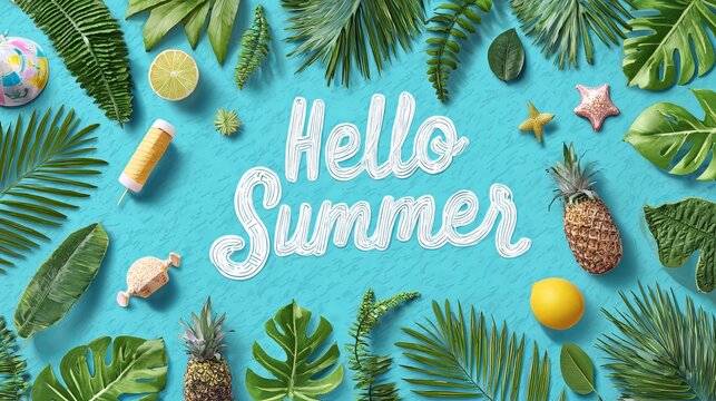 Hello summer text surrounded by tropical palm leaves fresh pineapple slices and beach items in this vibrant flat lay photograph