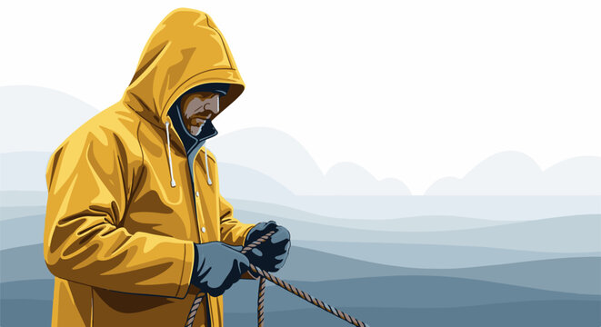 Fisherman in yellow slicker handles rope against misty, layered background