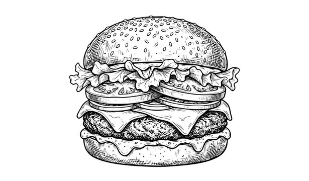 Classic hamburger black and white hand drawn vector illustration isolated on white background