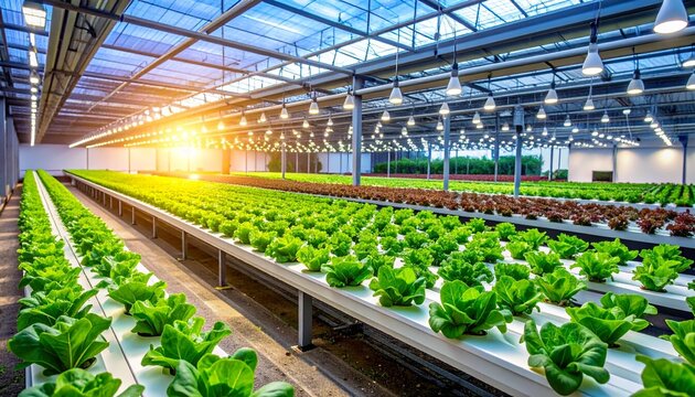Indoor hydroponic farm with leafy greens in nutrient troughs under artificial lights, symbolizing modern agriculture, sustainability, efficiency, and controlled cultivation.