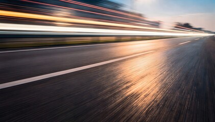 Fototapeta premium Abstract motion blur car light trails on a dark asphalt highway, symbolizing high-speed travel, dynamic energy, future progress, fast pace, and movement