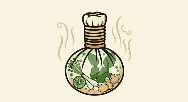 Herbal compress with fragrant herbs, lime, and ginger releasing steam