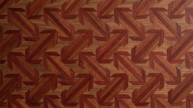 Intricate geometric pattern made of polished dark brown wood pieces featuring interlocking arrow shapes that create a complex and rhythmic visual texture for this high quality photograph on transparen