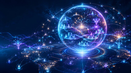 Fototapeta premium Glowing blue purple network globe with interconnected people and funnel symbols connections people funnels