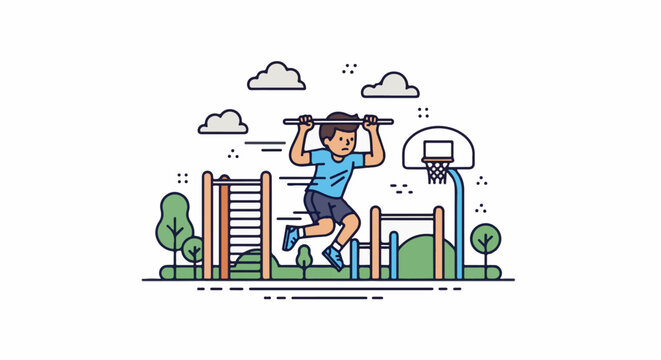 Boy on monkey bars next to basketball hoop in park