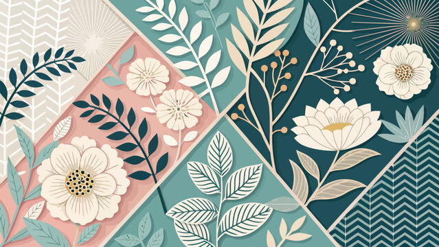 Vibrant floral patterns with leaves and flowers in pastel colors