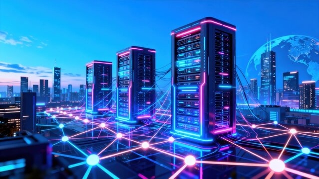 Futuristic server towers in cityscape
