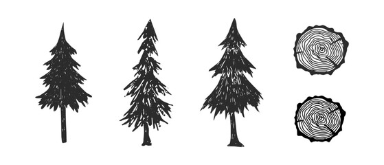 Obraz premium Pine tree and trunks round sections forest linocut silhouette. Wood cut part and fir tree set. Textured forest trees silhouettes. 