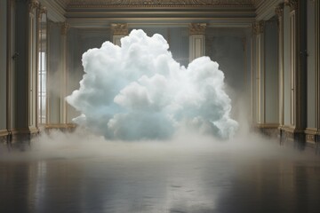 Naklejka premium Giant cloud floats inside a luxurious ballroom, creating a mysterious and dreamlike ambiance