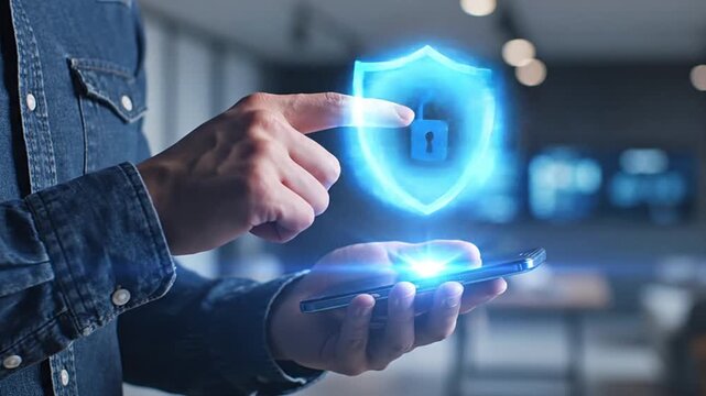 Man uses smartphone to interact with holographic cybersecurity shield for online data protection. Concept of digital privacy, cyber threat prevention, mobile security, and internet safety.