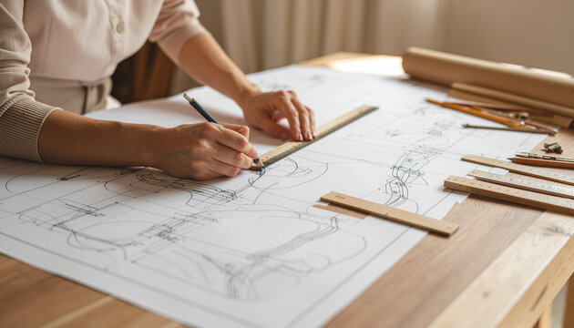 Architect drawing plans on wooden table