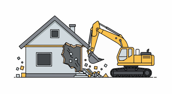 Yellow excavator demolishes a grey house, sending debris flying