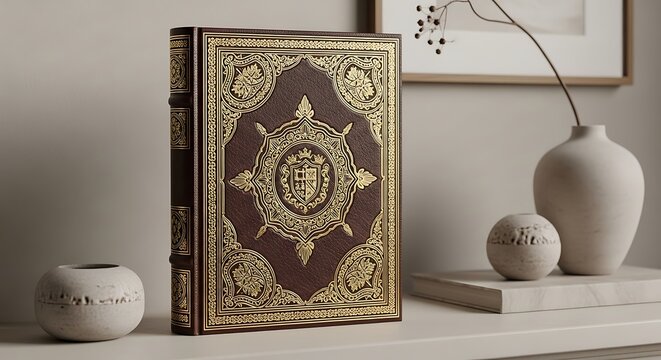 Ornate book with gold embellishments and brown cover on shelf