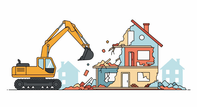 Yellow excavator demolishes a house, debris falling