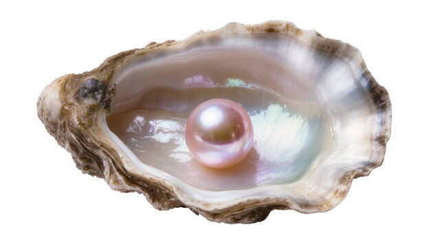 Single pink pearl nestled inside a rough oyster shell, isolated on transparent background