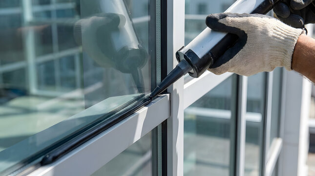 professional window sealing with caulking gun | applying black silicone sealant to window frame | construction worker installing glass window sealant | home maintenance weatherproofing with caulk gun