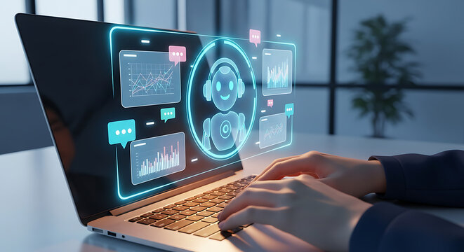 A person's hands typing on a laptop displaying a chatbot interface with data visualizations and chat bubbles.