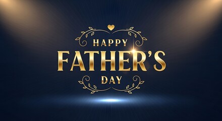 Obraz premium Golden fathers day greeting banner with decorative heart and flourishes on dark background