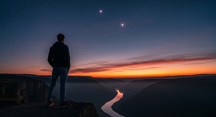 Obraz premium Person contemplating sunset sky with stars above landscape view horizon