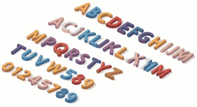 Isometric 3D alphabet and numbers in pastel colors on white background