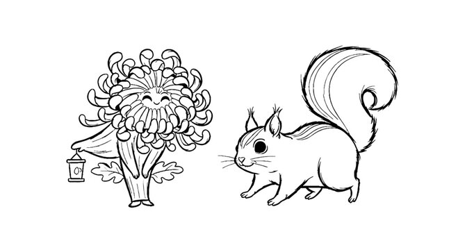 Smiling Flower Character with Lantern and Cute Squirrel