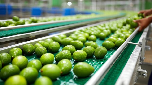Countless vibrant green avocados glide along sleek parallel conveyor belts inside a sunlit processing plant during a busy afternoon