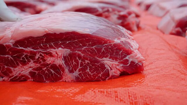 Raw marbled beef on red cutting board.