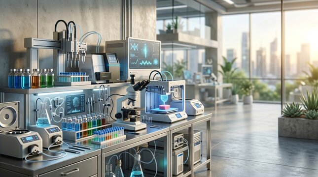 Modern biological laboratory with DNA sequencing equipment and 3D printer. Scientific research center for medical innovation and pharmaceutical development. Biotechnology experiment facility.