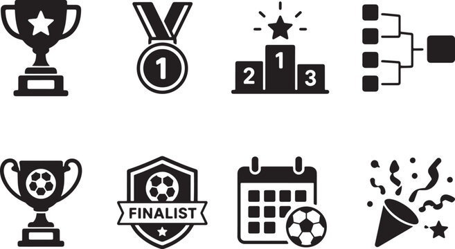 Soccer tournament icons set including trophy, medal, podium, bracket, final match, calendar, and celebration.