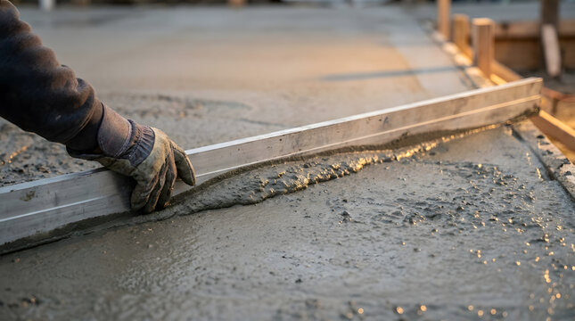 professional concrete screeding process | leveling wet concrete slab on construction site | manual labor for concrete foundation installation | mason finishing new cement floor