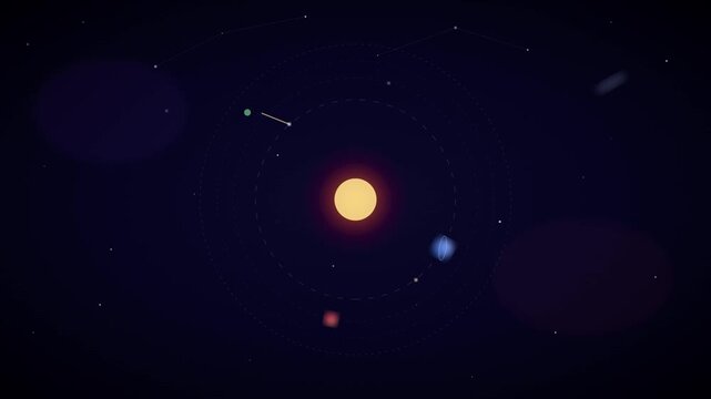 Minimalist solar system illustration with glowing sun and orbiting planets in deep space