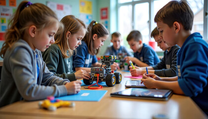 Fototapeta premium Group of children engaged in robotics project at classroom table, assembling robot with colorful blocks, notebooks, and tablets visible in bright educational environment