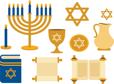 Hanukkah religious icon set with golden menorah, torah scrolls, star of david and kiddush cup vector