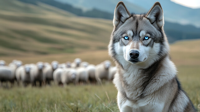 Alert husky dog with intense blue eyes watching a herd of sheep