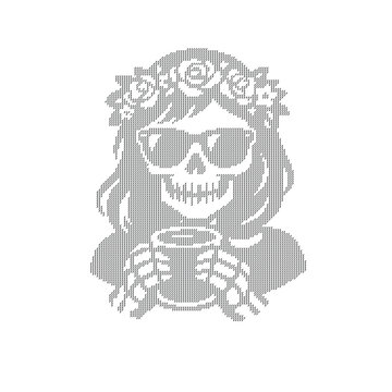 Edgy skull girl vector illustration, skeleton woman with sunglasses and flower crown, gothic female skull holding coffee mug, rock and roll aesthetic