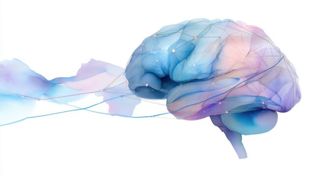 Artistic watercolor clipart of a human brain silhouette made of interconnected glowing neural nodes and flowing digital lines, soft indigo