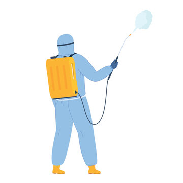 A worker in a protective suit sprays a disinfectant to control pests in a residential area or premises
