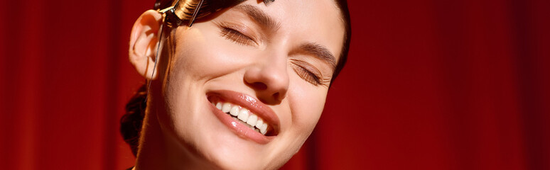 Naklejka premium Mesmerizing young woman radiates joy while performing on stage in a vibrant theatre setting