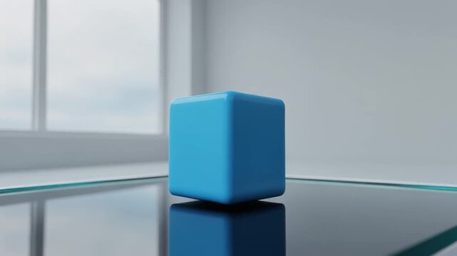 Blue cube spinning on glass table