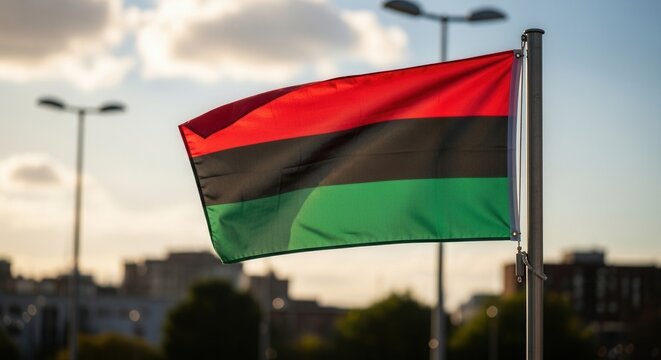Pan-african flag flapping against urban skyline at sunset