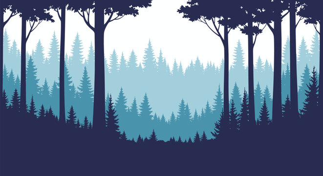 Blue silhouette forest landscape with layered pine trees for parallax background animation and nature vector illustration