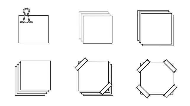 Sticky Note Collection: A set of six unique configurations of sticky notes, perfect for jotting down memos, ideas, or reminders, illustrating different arrangements of organizational tools